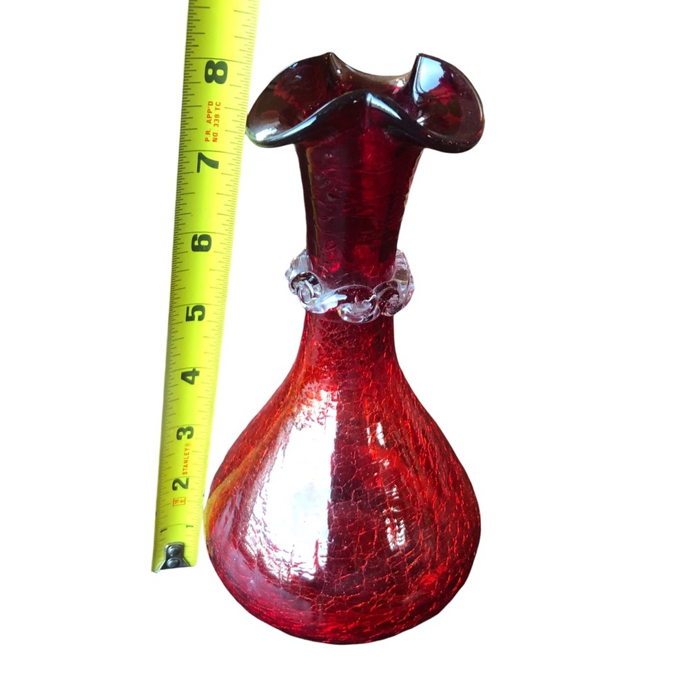 Vtg Ruby Red Amber Crackle Glass Hand Blown Bud Vase Ruffled Rim Applied Rigaree - Picture 11 of 16